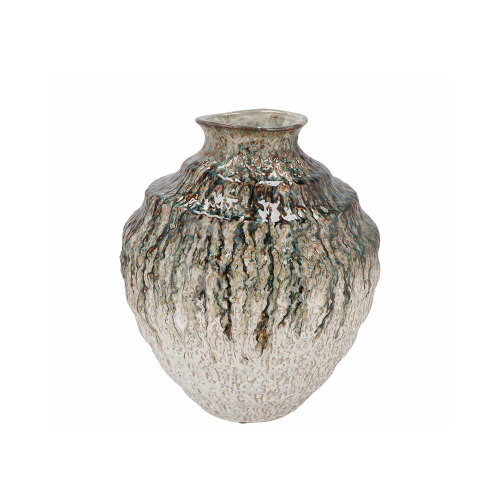 Κεραμικό βάζο glazed  aναγλυφο μπεζ/λαδι 26cm Zaros DK204