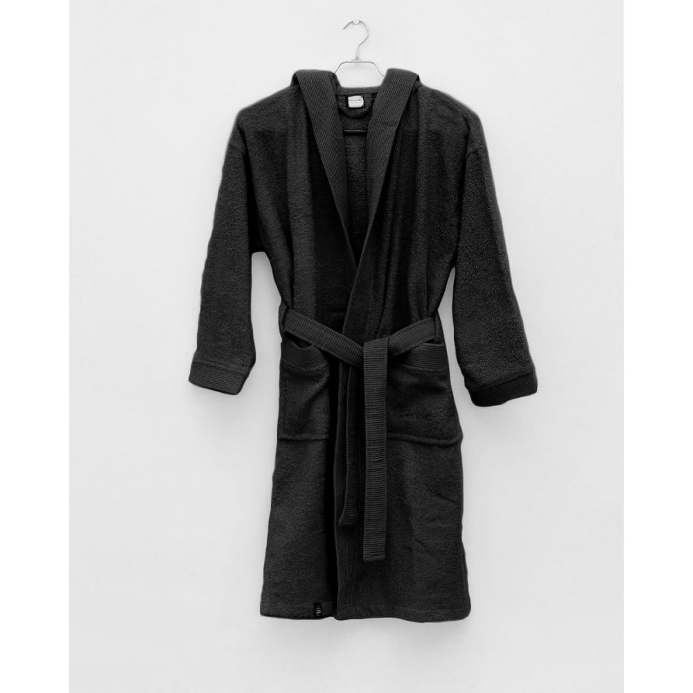 Unisex Βαμβακερό Πετσετέ Μονόχρωμο Μπουρνούζι με Πλισέ Γιακά & Κουκούλα Rease Medium Μαύρο Pennie 080609-12