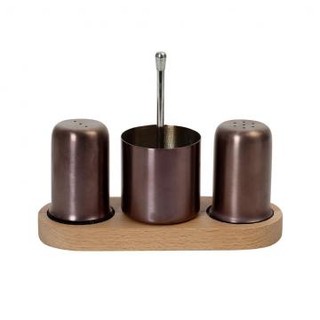 ΣΕΤ ΑΛΑΤΙ/ΠΙΠΕΡΙ/ΟΔΟΝΤΟΓΛΥΦΙΔΕΣ SS 18/10 PVD ΜΠΡΟΝΖΕ ΣΕ ΞΥΛ. ΒΑΣΗ 19X7X14,5EK