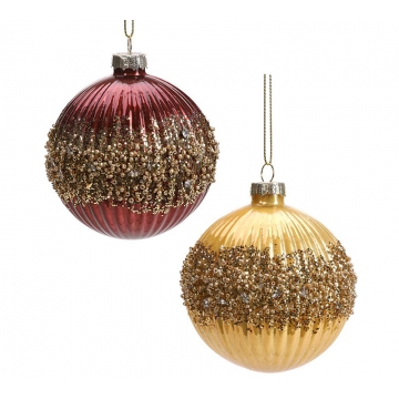 Γυάλινη μπάλλα ριγέ 2χρ.(μπορντώ & μελί) με glitter,8cm