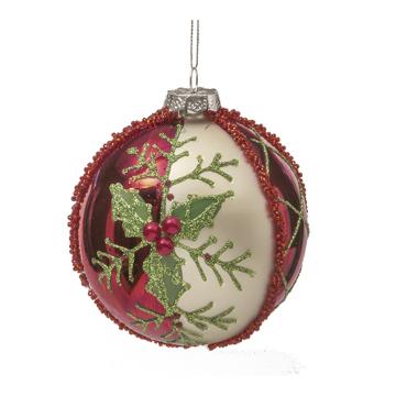 Glass Ball W/Holy Leaf Red/Gold,D.8cm