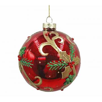 Glass Ball Gold Holly Leaf  Red/Gold,D.8cm