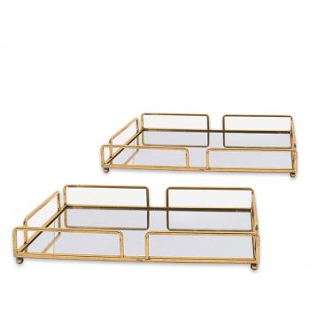 S/2 rectangular gold trays with mirror 41/48cm